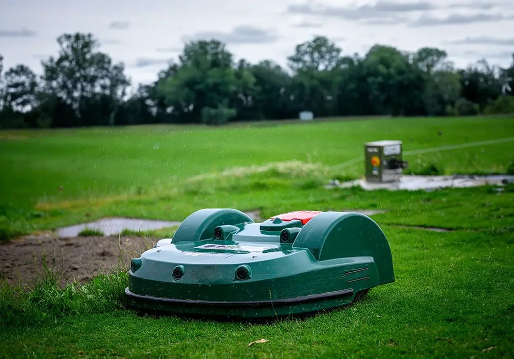 Robotic lawn mower on a freshly cut green lawn in a suburban backyard
