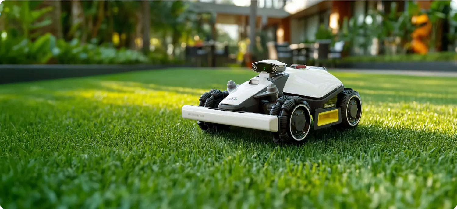 Robotic lawn mower mulching grass clippings on a manicured residential lawn