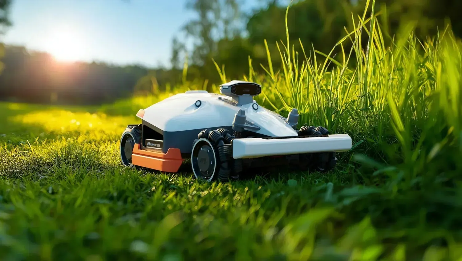 Robotic mower on wet lawn with grass clippings clumped